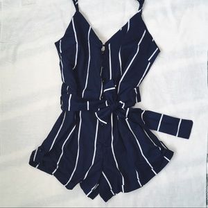 Striped Belted Cami Romper